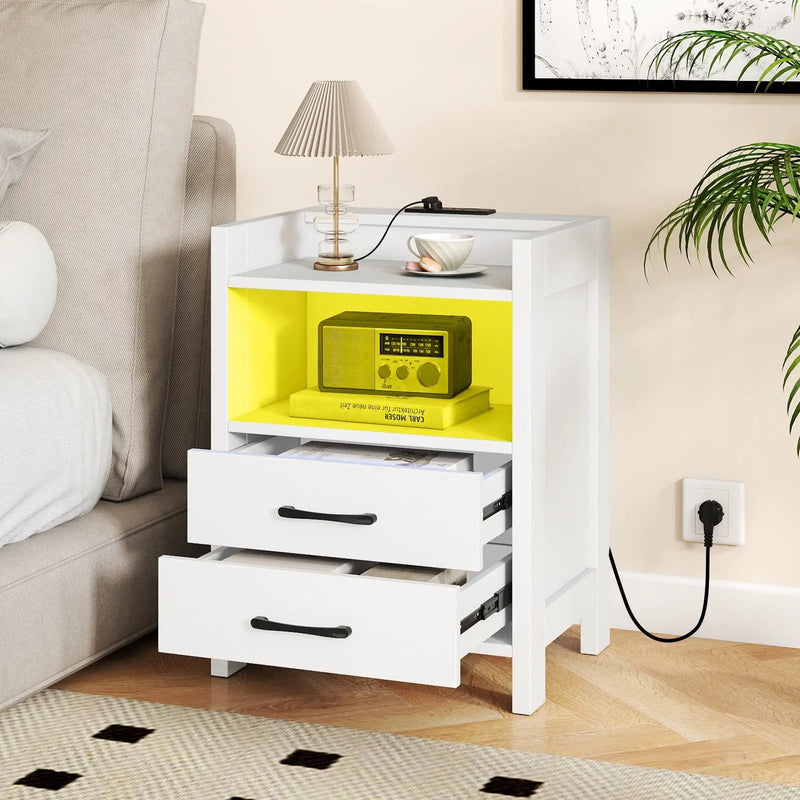 23.5 Inches Nightstand with Charging Station and Open Storage Shelf-White by DirectDeals
