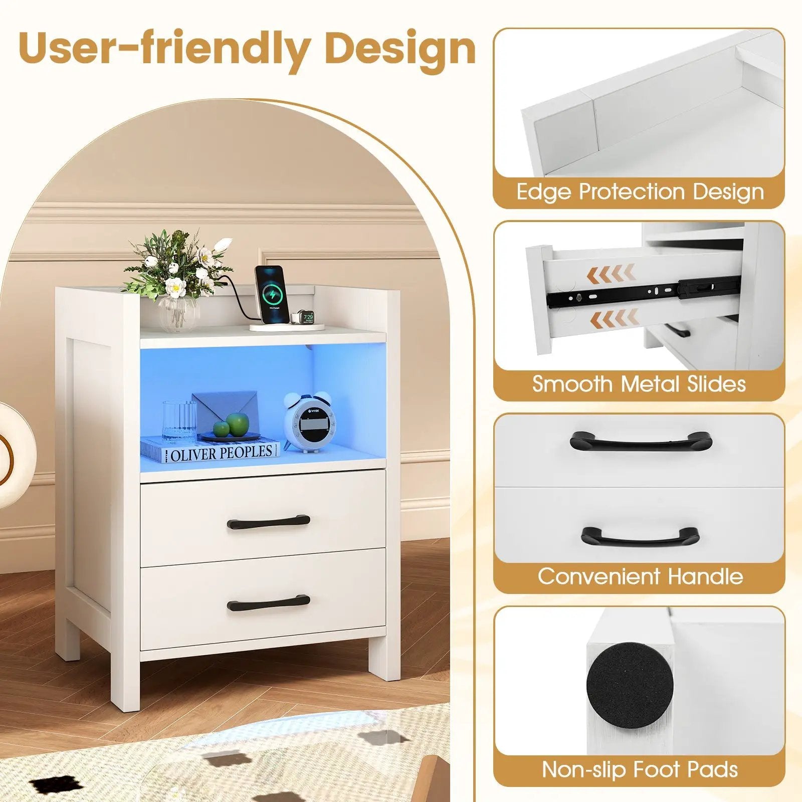 23.5 Inches Nightstand with Charging Station and Open Storage Shelf-White by DirectDeals