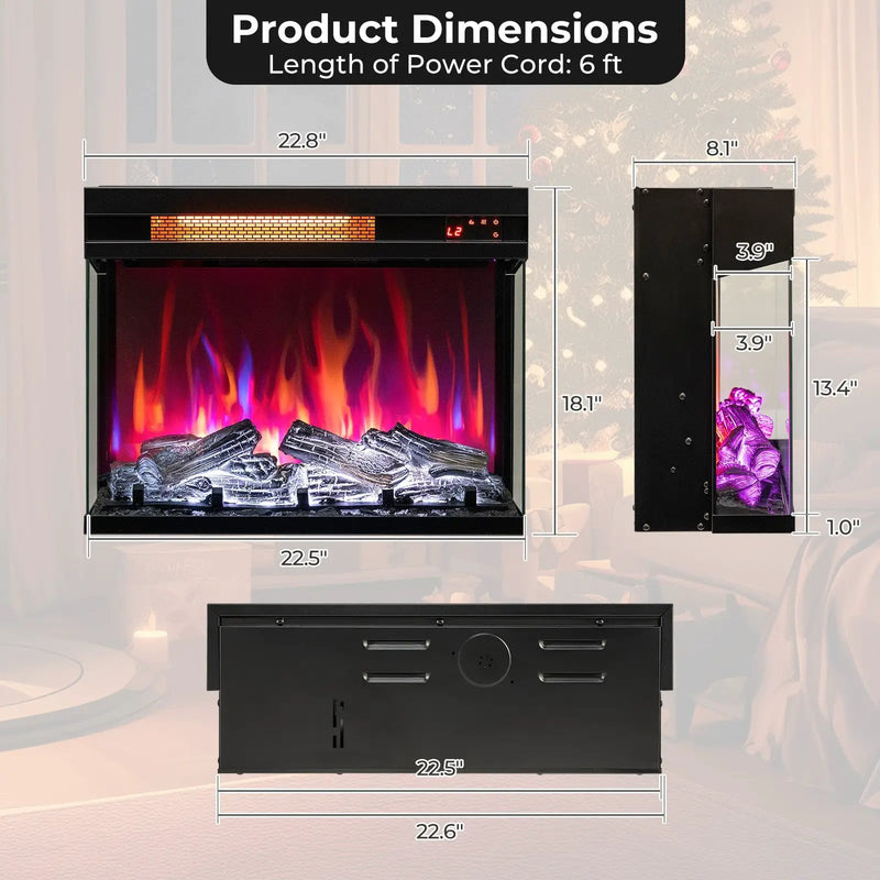 23 Inch 3-Sided Electric Fireplace 1500W Recessed Fireplace Insert-Black by DirectDeals