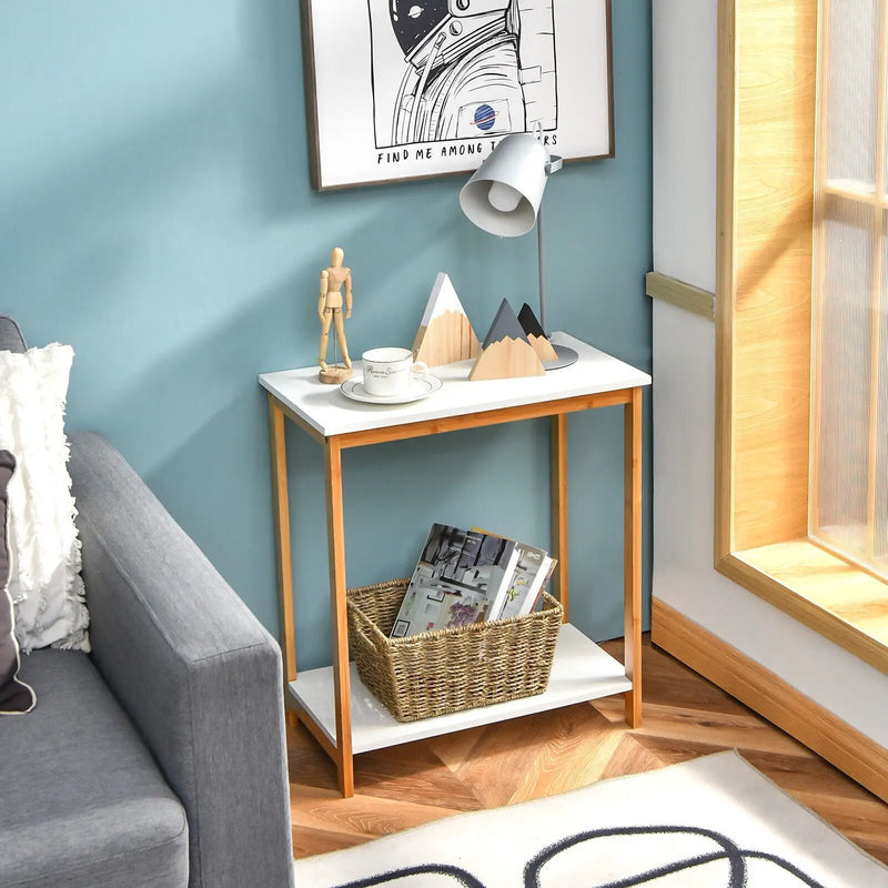 23 Inch Height 2-tier End Table with Bamboo Frame and Bottom Shelf-White by DirectDeals