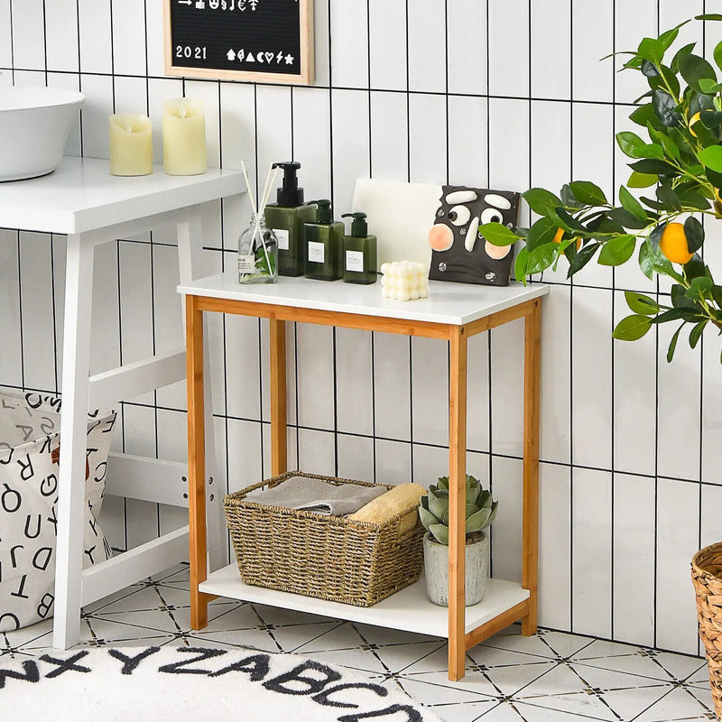 23 Inch Height 2-tier End Table with Bamboo Frame and Bottom Shelf-White by DirectDeals