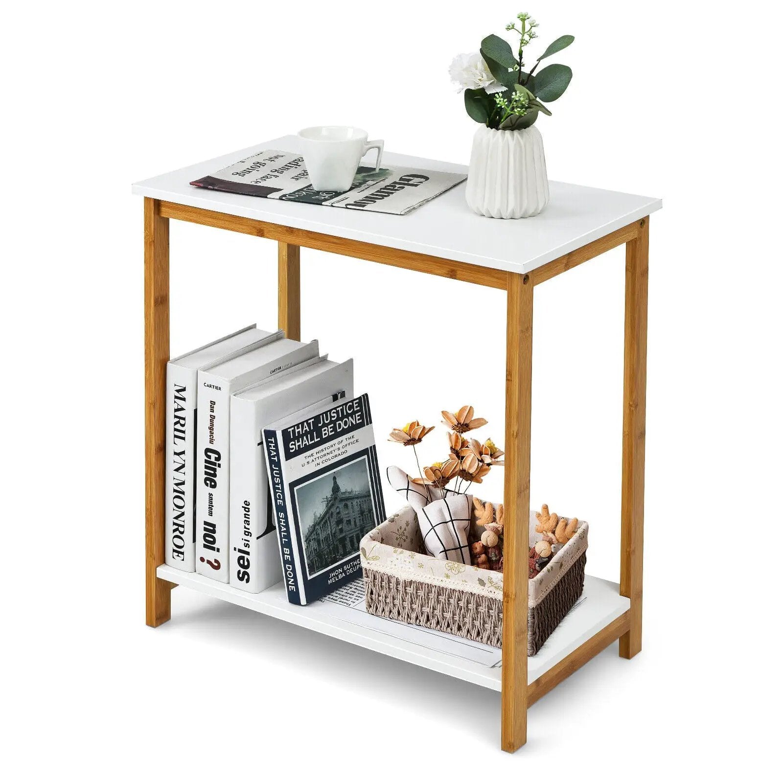 23 Inch Height 2-tier End Table with Bamboo Frame and Bottom Shelf-White by DirectDeals