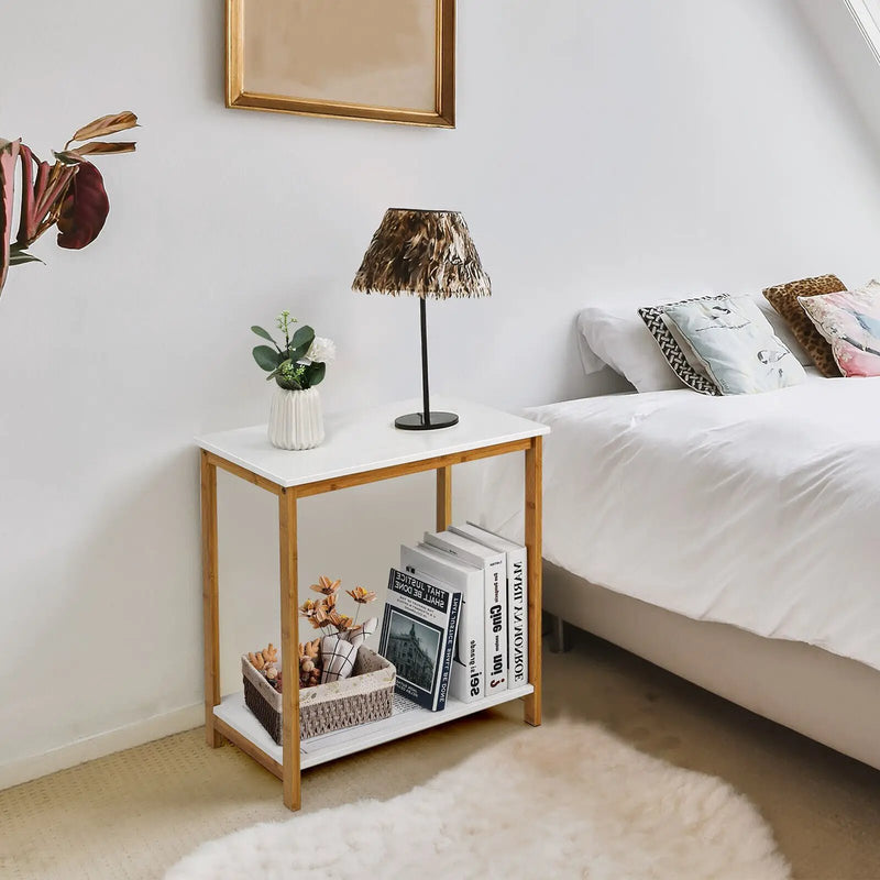 23 Inch Height 2-tier End Table with Bamboo Frame and Bottom Shelf-White by DirectDeals