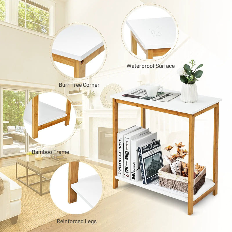 23 Inch Height 2-tier End Table with Bamboo Frame and Bottom Shelf-White by DirectDeals