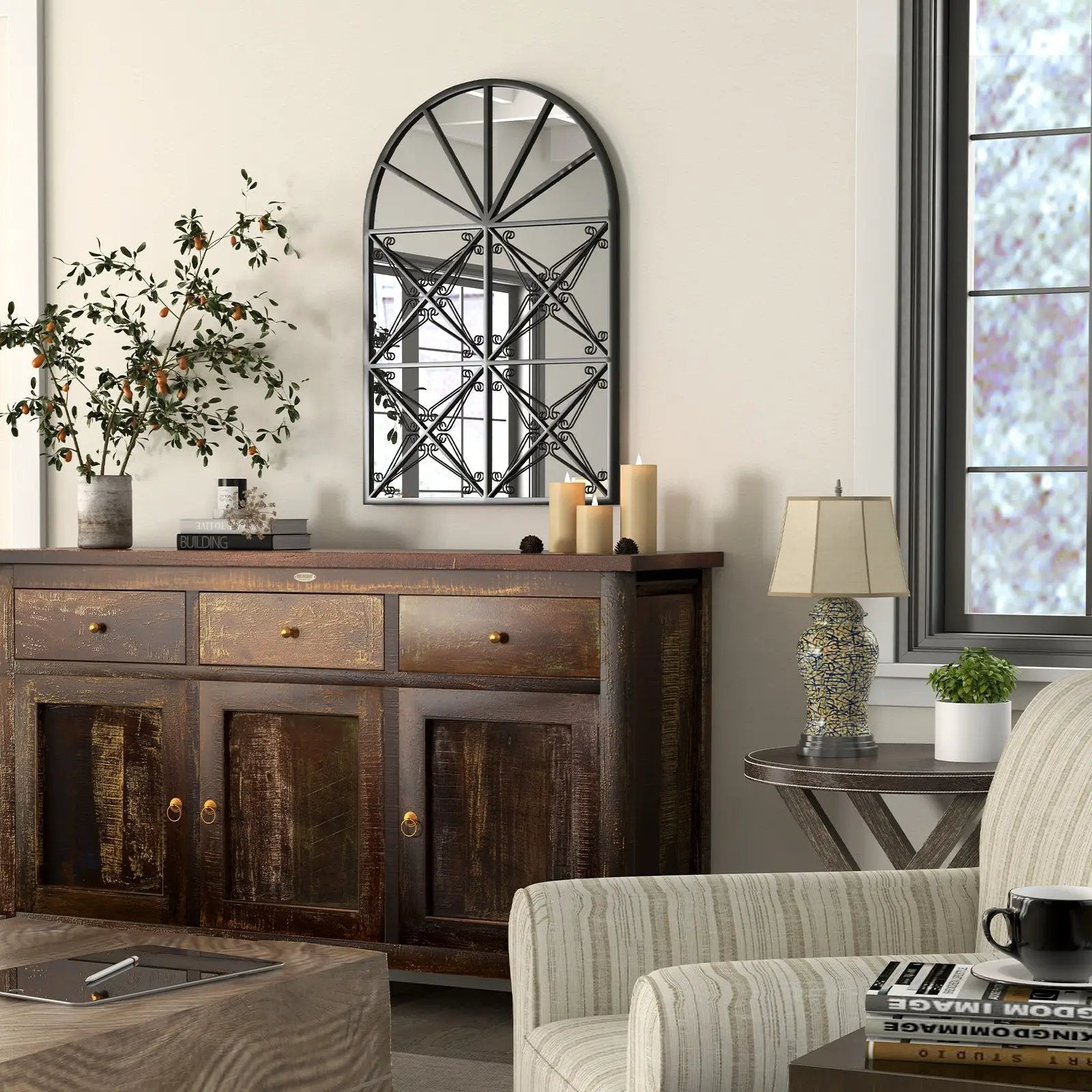 23 Inches x 34 Inches Arched Window Pane Mirror with Metal Frame for Living Room-Black by DirectDeals