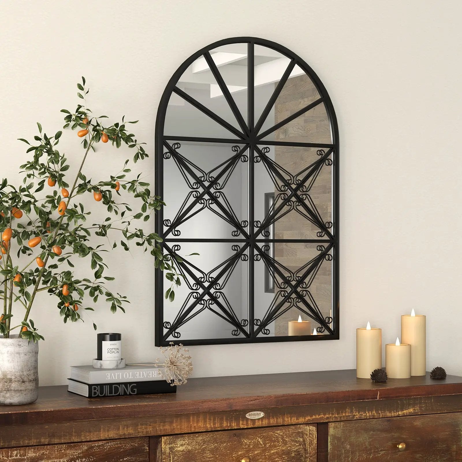 23 Inches x 34 Inches Arched Window Pane Mirror with Metal Frame for Living Room-Black by DirectDeals