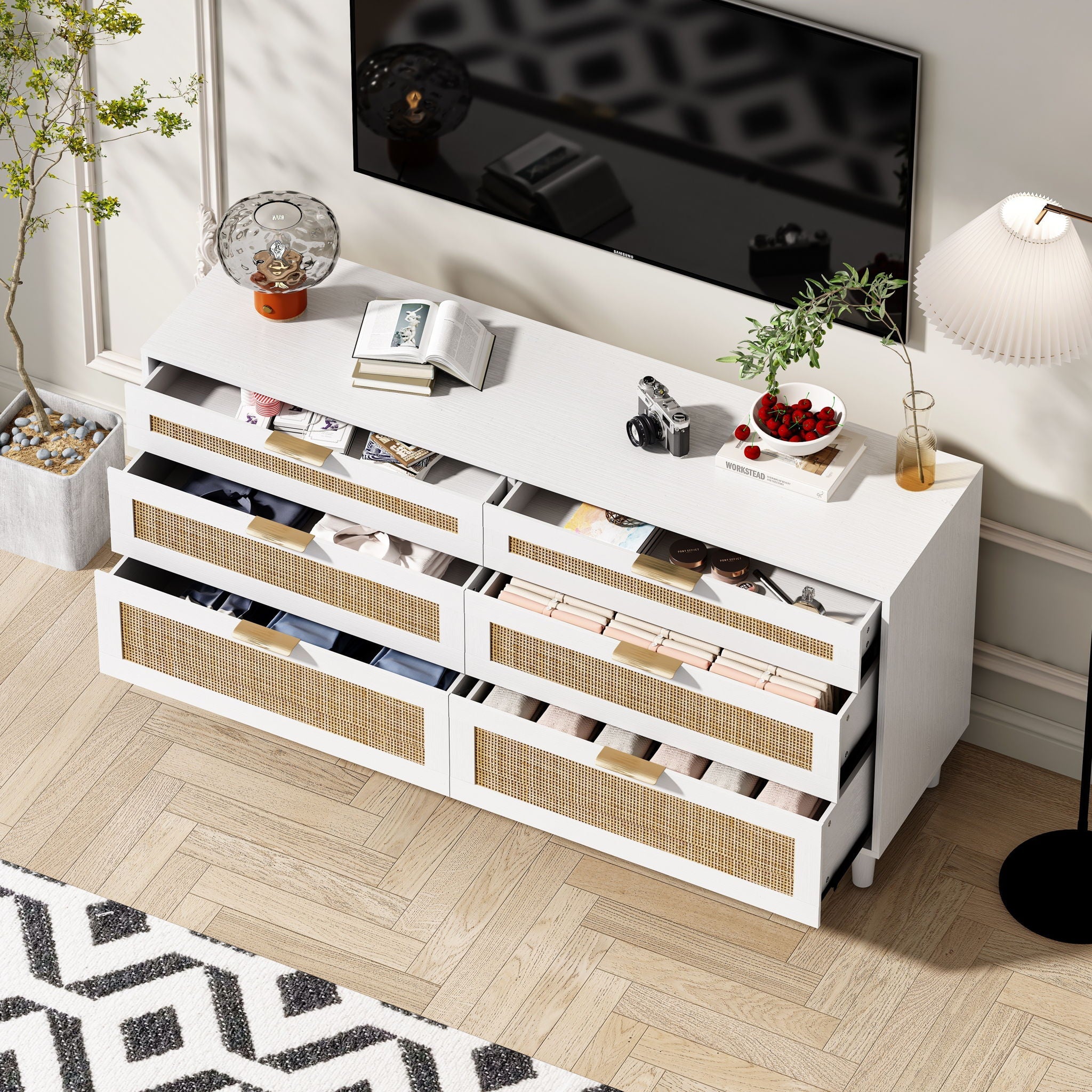 Rattan Dresser With 6 Drawers, Wooden Legs & Metal Handle
