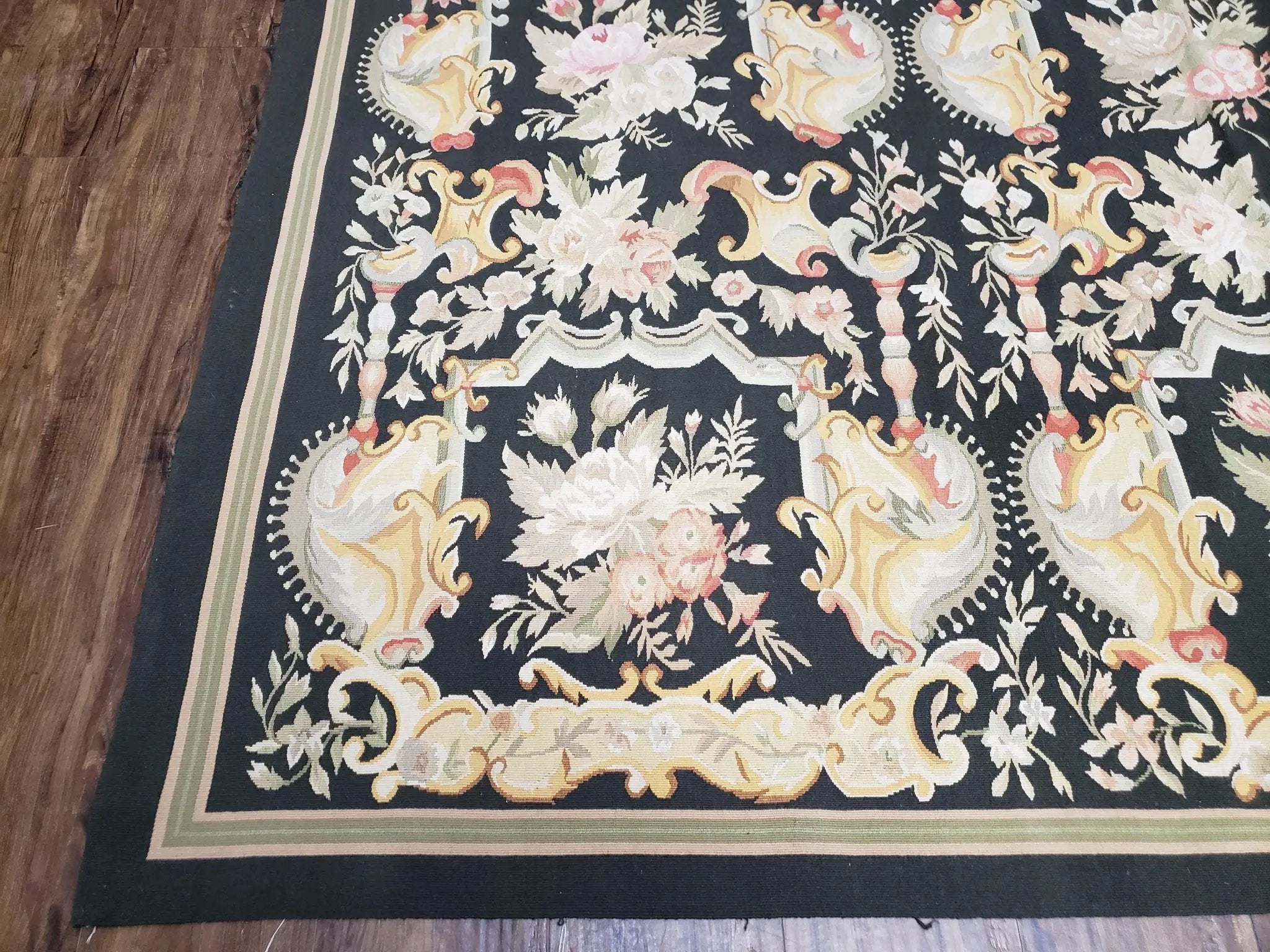 Vintage Black Aubusson Area Rug 8x10, Large Flowers Chinese Aubusson Carpet 7.9 x 10, Wool Hand-Knotted Floral Pattern Flat Weave Rug Nice by Jewel Rugs