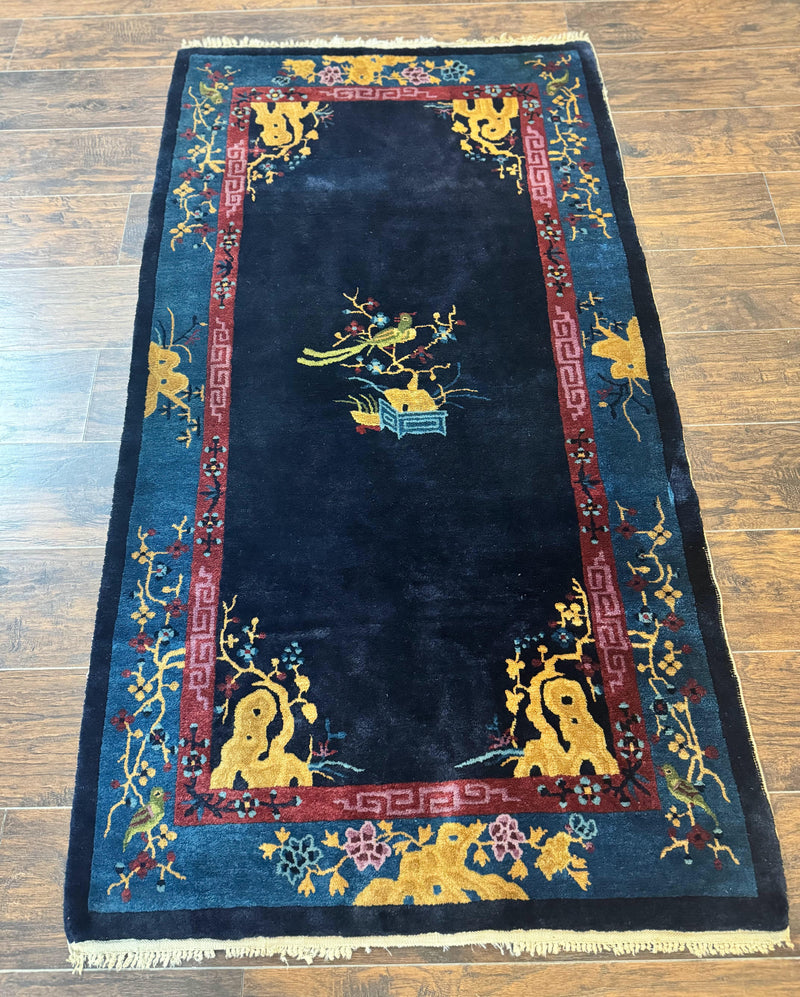 Antique Chinese Peking Rug 3x6, Dark Blue, Bird Motif, Handmade Wool Art Deco Asian Oriental Carpet, Pair B by Jewel Rugs