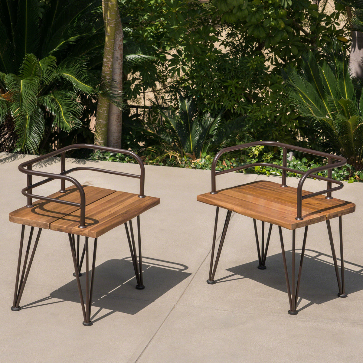 Industrial Wood and Metal Patio Chair Set of 2 with Acacia Wood Seat - Teak Finish, photo 5 of 10