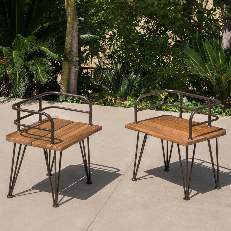Industrial Wood and Metal Patio Chair Set of 2 with Acacia Wood Seat - Teak Finish, photo 5 of 10