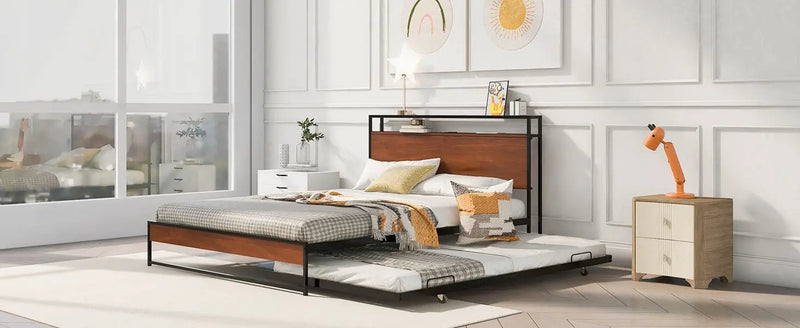 Platform Bed Frame With Trundle, USB Ports And Slat Support, No Box Spring Needed by HouseOfZazla