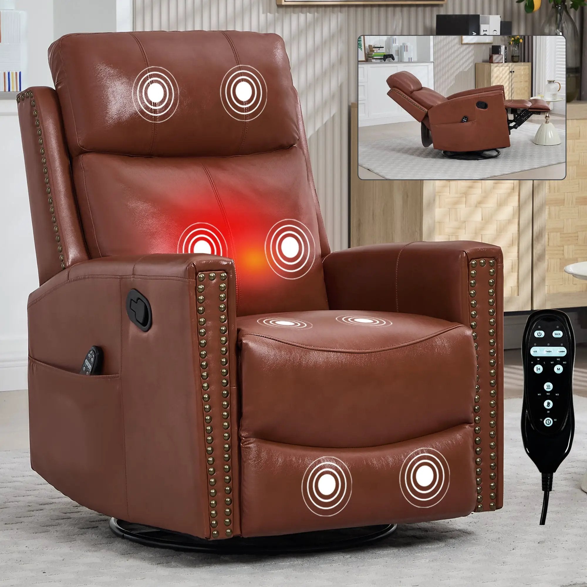 Red Genuine Leather Heat Massage Manual Recliner Chair by HouseOfZazla