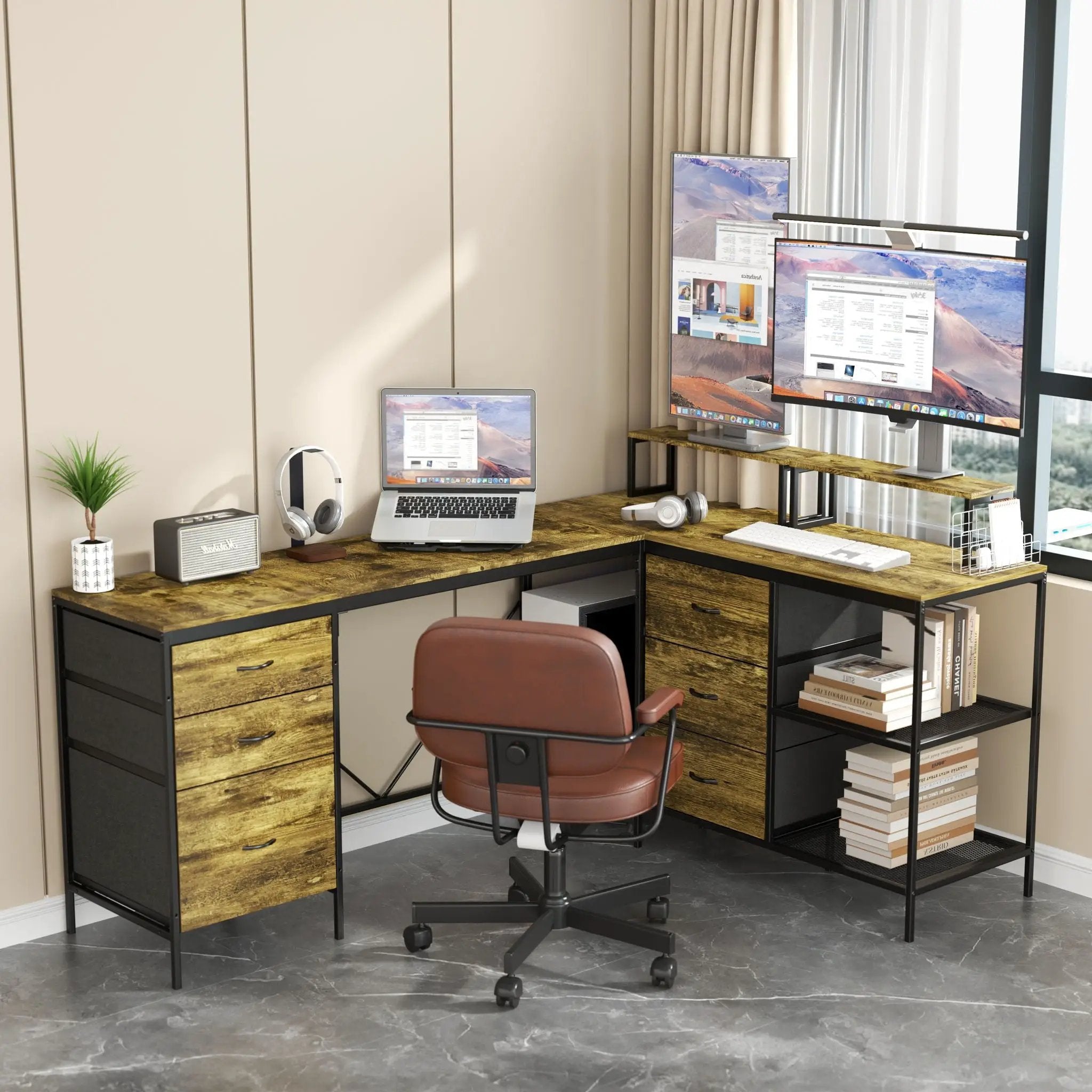 Industrial L Shaped Computer Desk With Power Outlets & USB-C, 6 Fabric Drawers, 3 Open Shelves, Movable Monitor Stands - Brown by HouseOfZazla