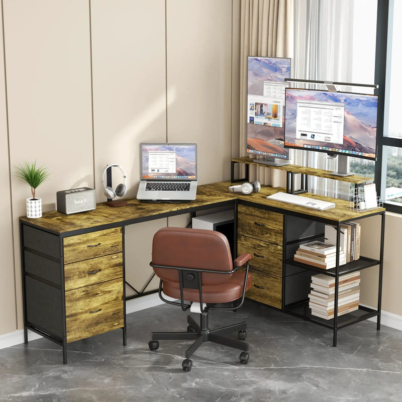 Industrial L Shaped Computer Desk With Power Outlets & USB-C, 6 Fabric Drawers, 3 Open Shelves, Movable Monitor Stands - Brown by HouseOfZazla