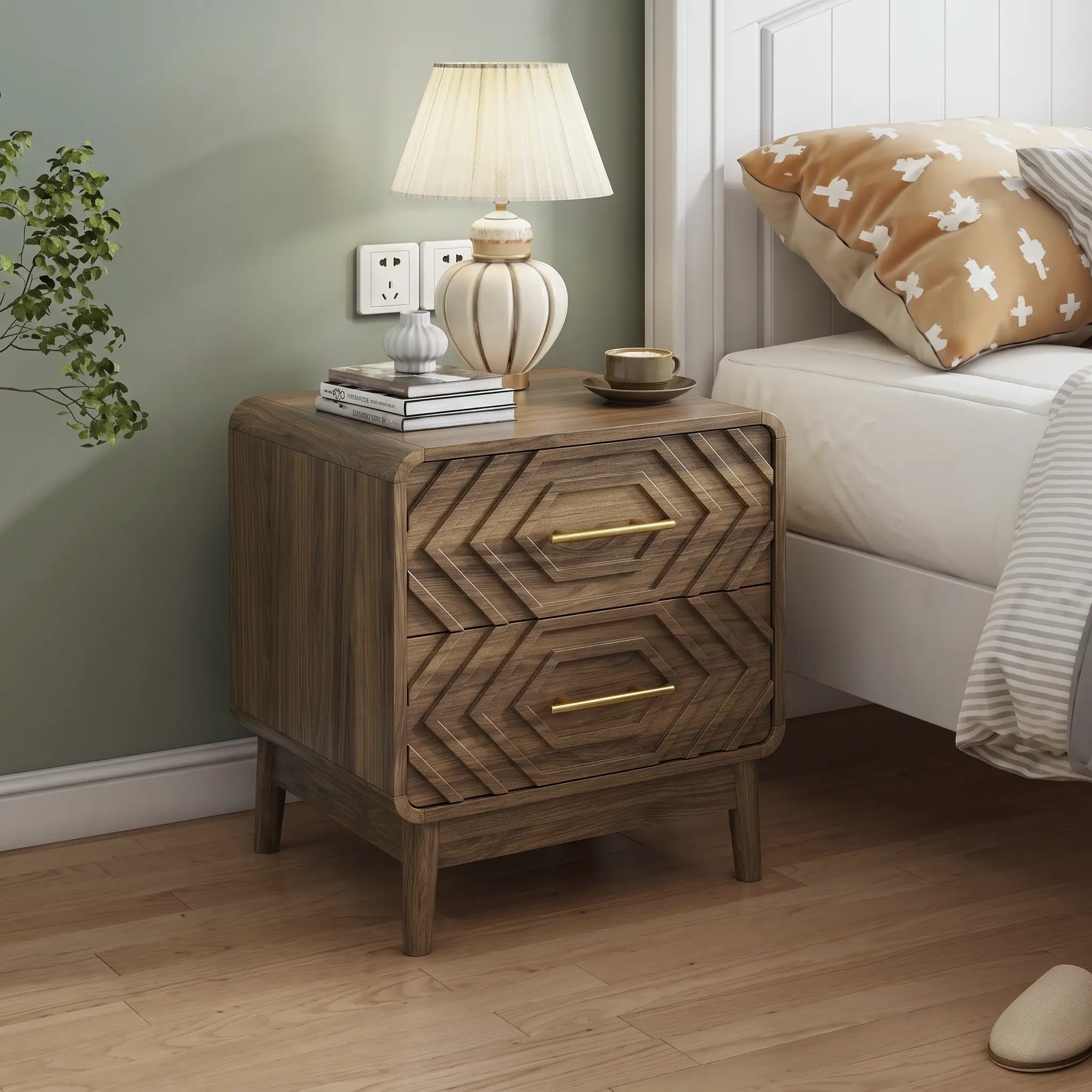 Walnut Wood Bedside Table with Double Drawers by HouseOfZazla
