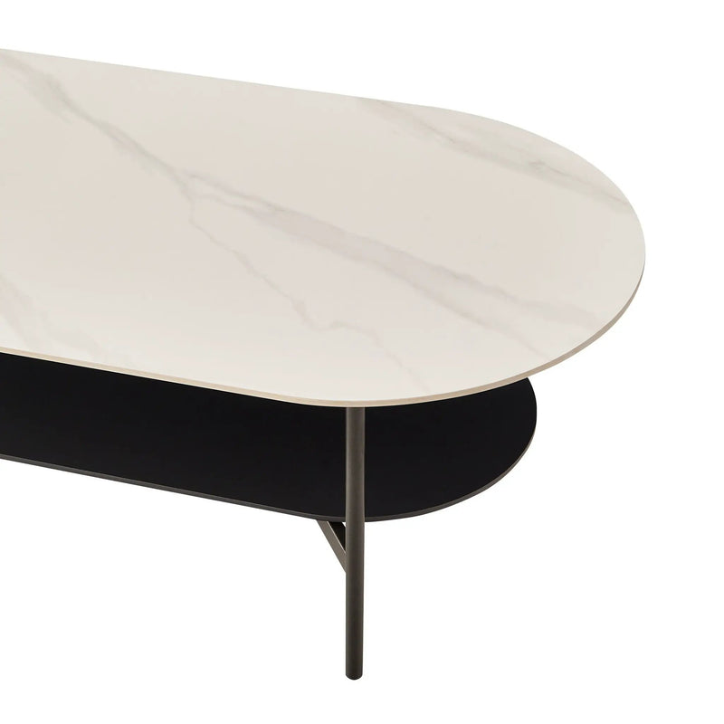 Contemporary Coffee Table Sintered Stone Surface With Ceramic Finish Double Layer Design Base Matte Shelf Modern Living Room Center Table - White / Gray by HouseOfZazla