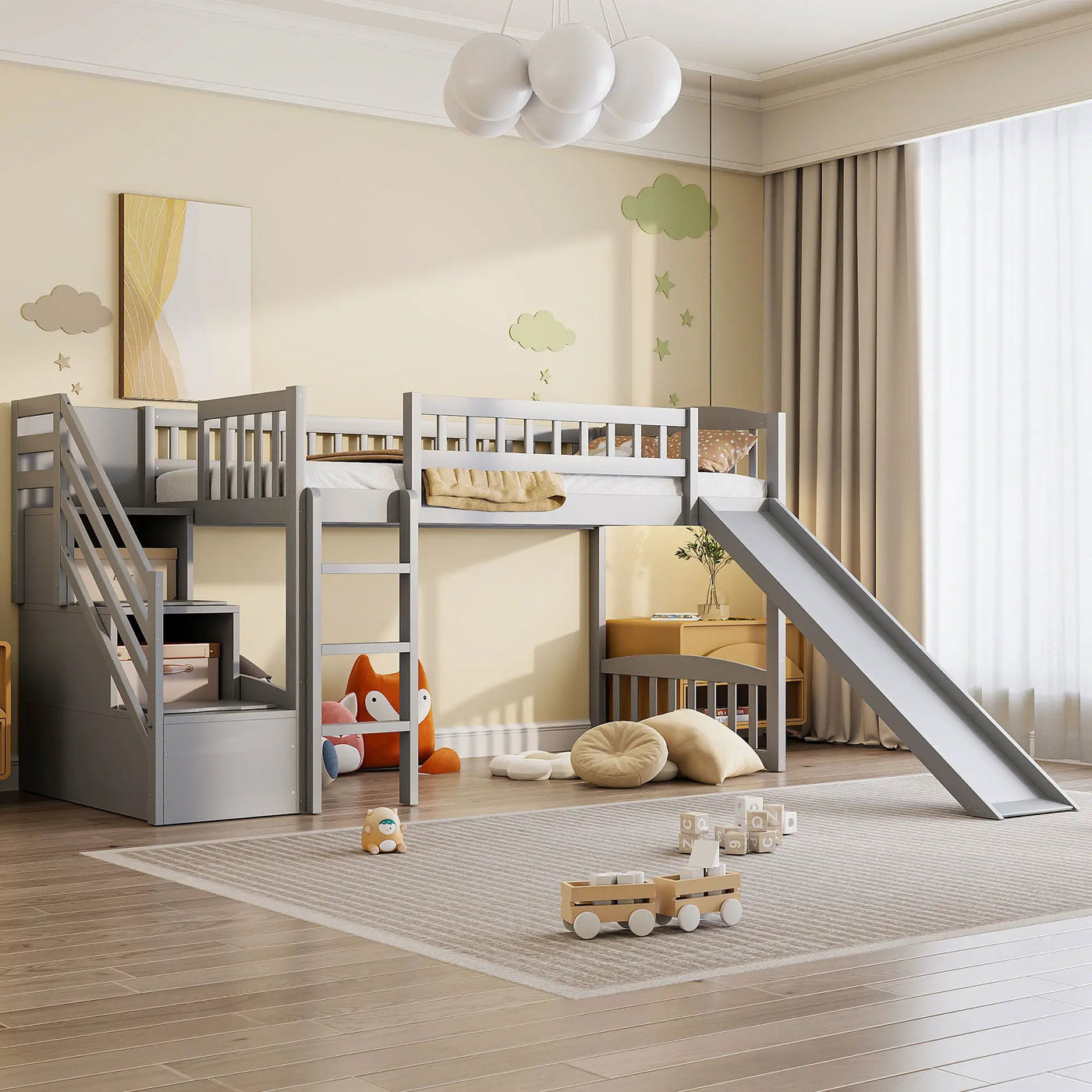 Loft Stairway Bed With 2 Drawers, Convertible Ladder And Slide by HouseOfZazla