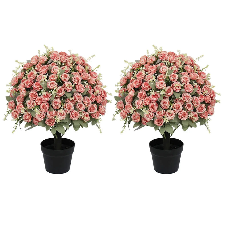 Artificial Rose Decoration With UV Resistant Silk Petals, Durable Stems In Cement Pot, Indoor Outdoor Potted Floral Arrangement - Green / Pink by HouseOfZazla