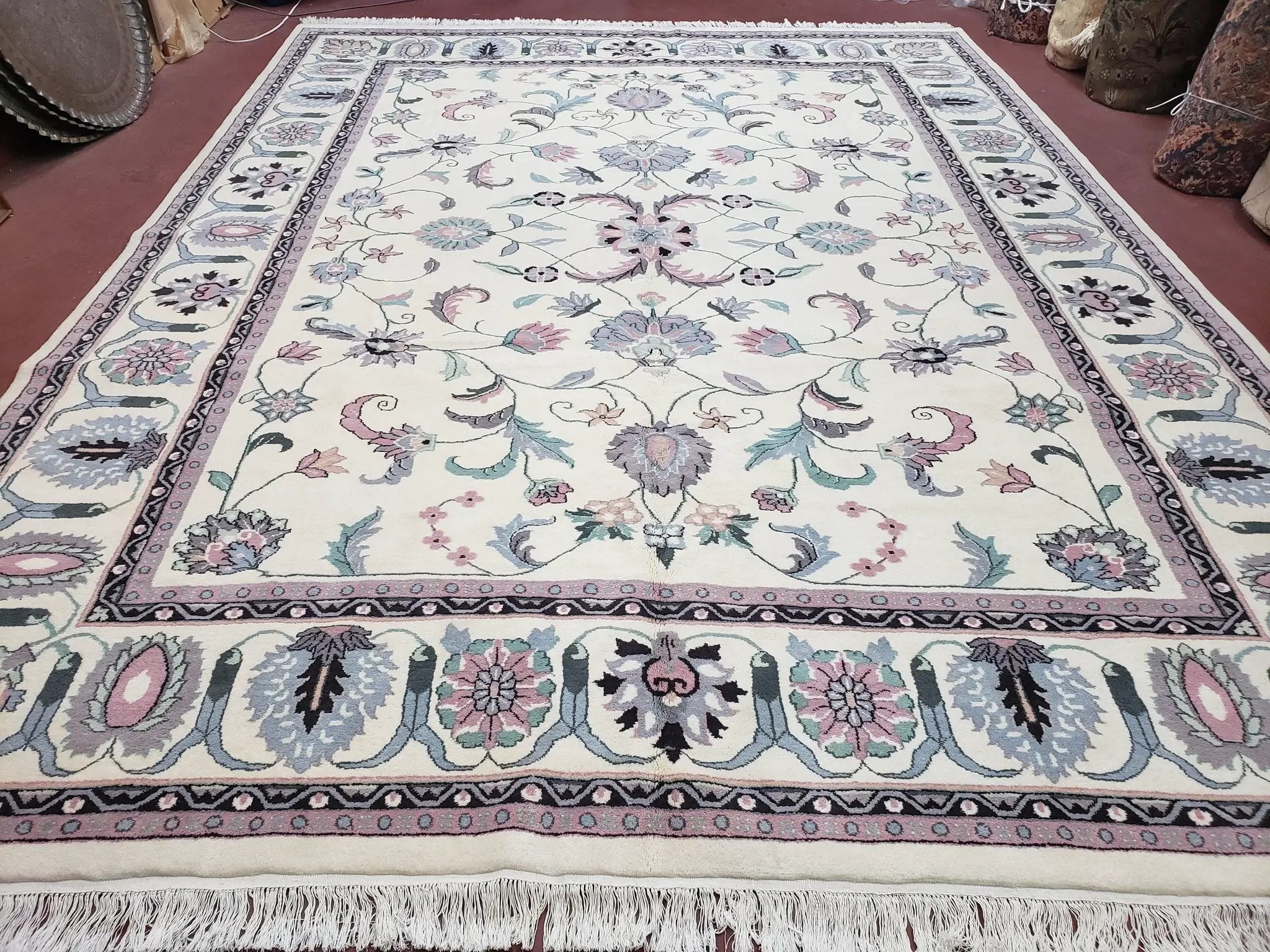Ivory & Teal Indo Persian Area Rug 9x12, Wool Hand-Knotted Oriental Carpet, 9 x 12 Soft Traditional Living Room Rug, Dining Room Rug by Jewel Rugs