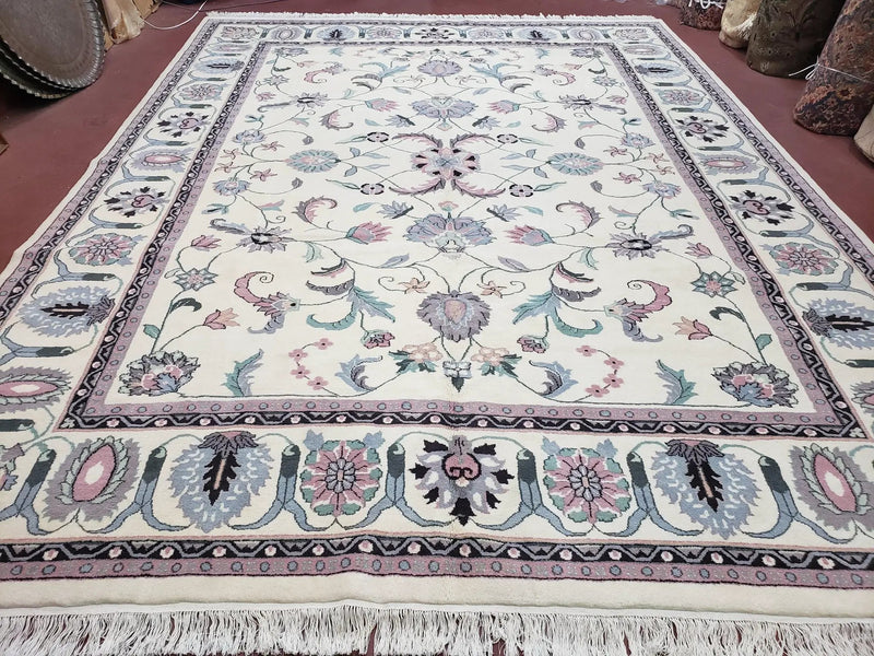 Ivory & Teal Indo Persian Area Rug 9x12, Wool Hand-Knotted Oriental Carpet, 9 x 12 Soft Traditional Living Room Rug, Dining Room Rug by Jewel Rugs
