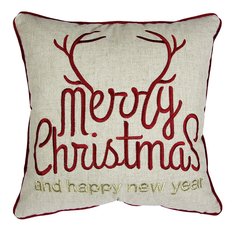 Gold Christmas Throw Pillow with Embroidery - Merry Christmas and Happy New Year