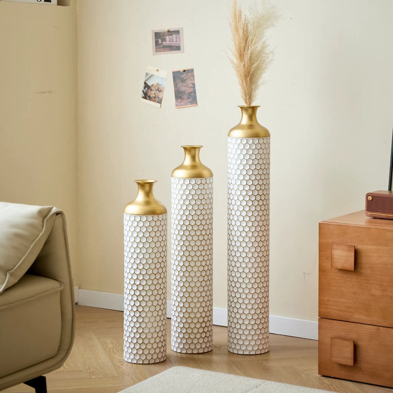 3-Piece Modern Metal Vase Set - White & Gold by HouseOfZazla