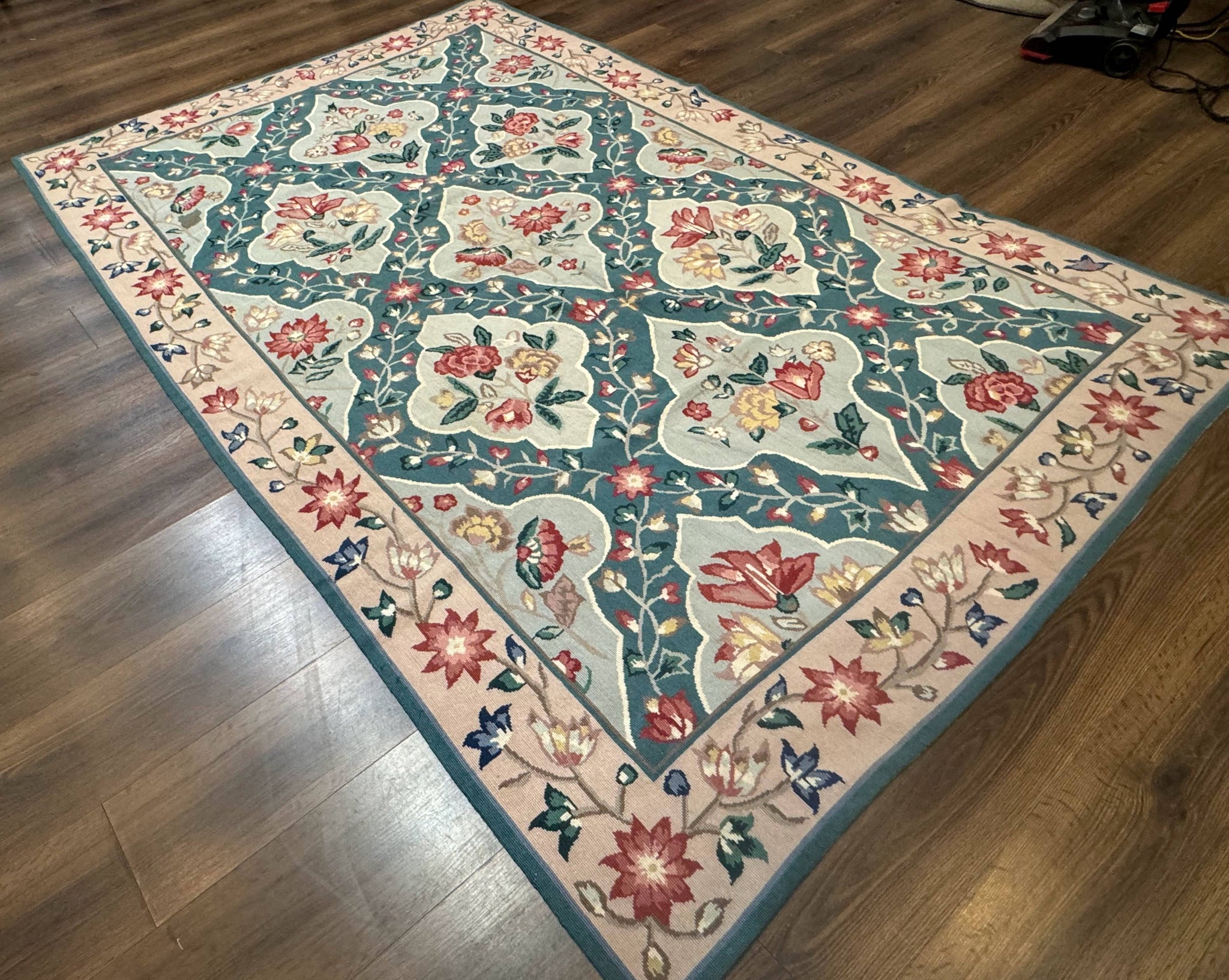 Teal Needlepoint Rug 6x9, Panel Design, Floral Bouquets, Handmade by Jewel Rugs