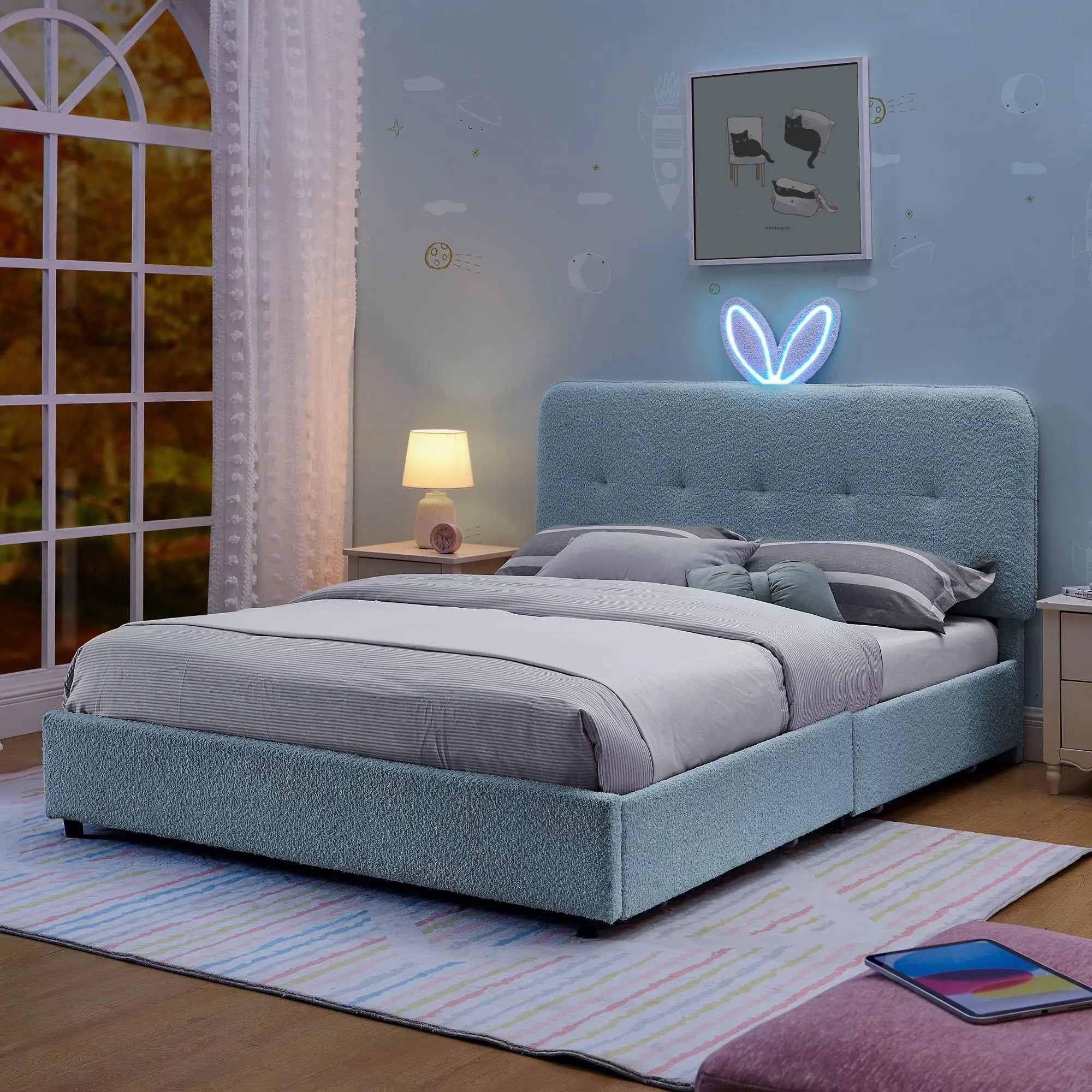 Upholstered Bed With Oversized Rabbit Ear Headboard, LED Lights & 4 Storage Drawers by Unique Piece Furniture