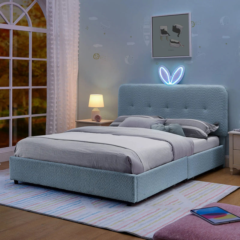Upholstered Bed With Oversized Rabbit Ear Headboard, LED Lights & 4 Storage Drawers by HouseOfZazla