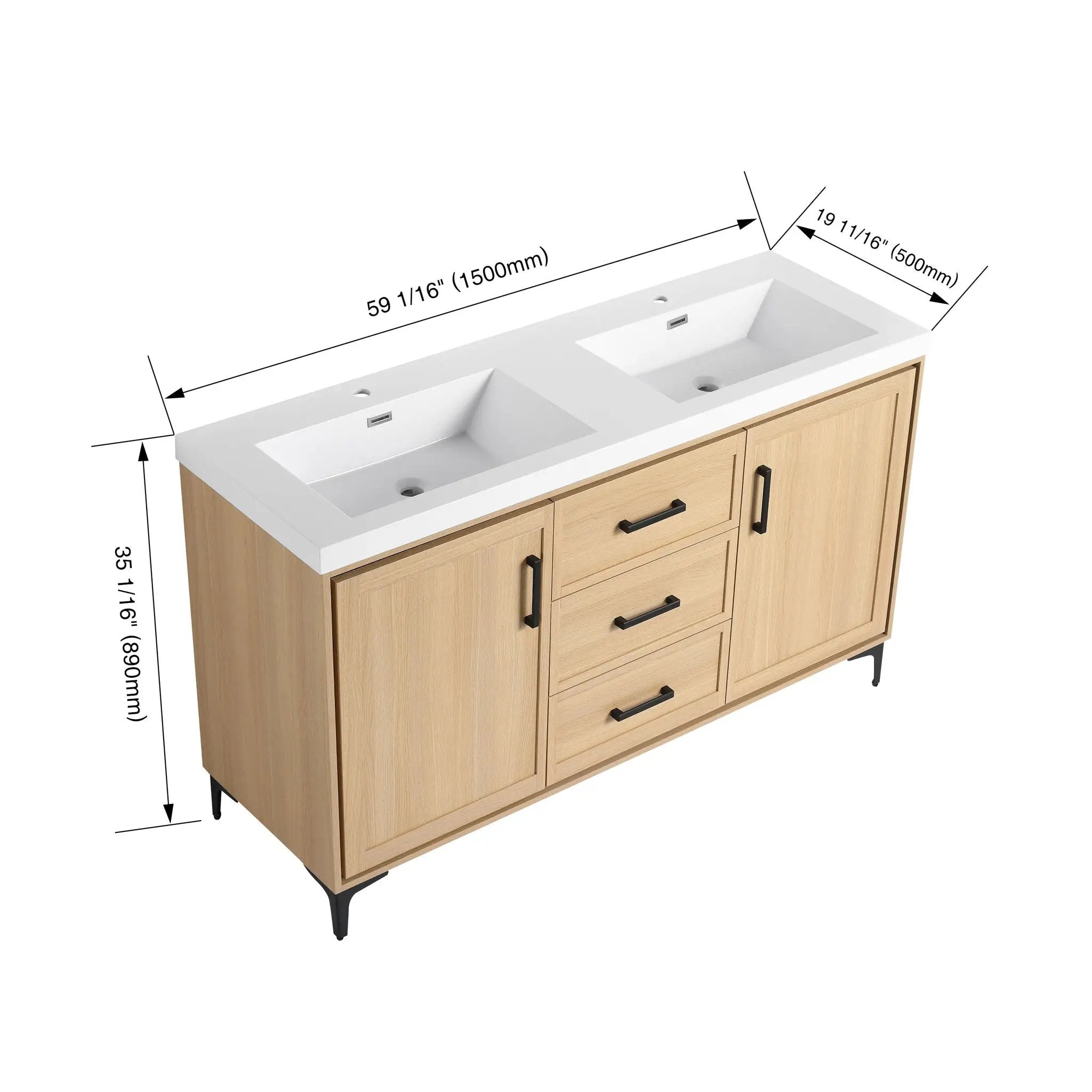 Original 60" Freestanding Bathroom Vanity With Double Resin Sink Plywood Soft Closing Doors & Drawers - Oak by Unique Piece Furniture