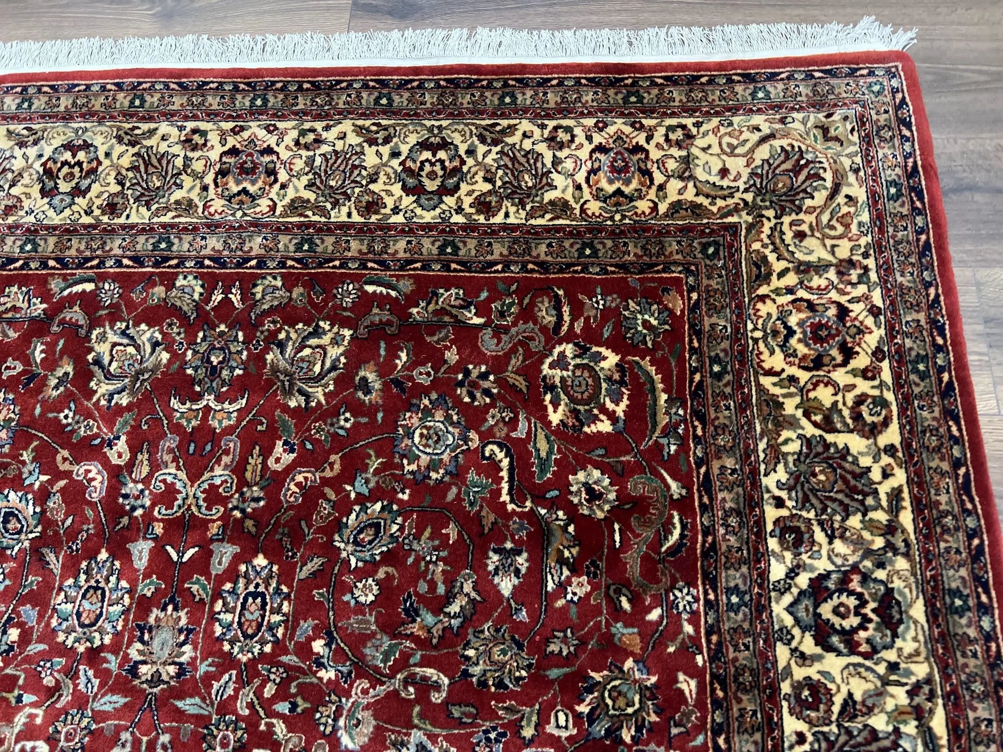 Vintage Indo Persian Rug 6x9, Very Finely Hand-Knotted Carpet 6 x 9 Red Cream Indian Oriental Carpet, Traditional Floral Wool Area Rug 1970s by Jewel Rugs