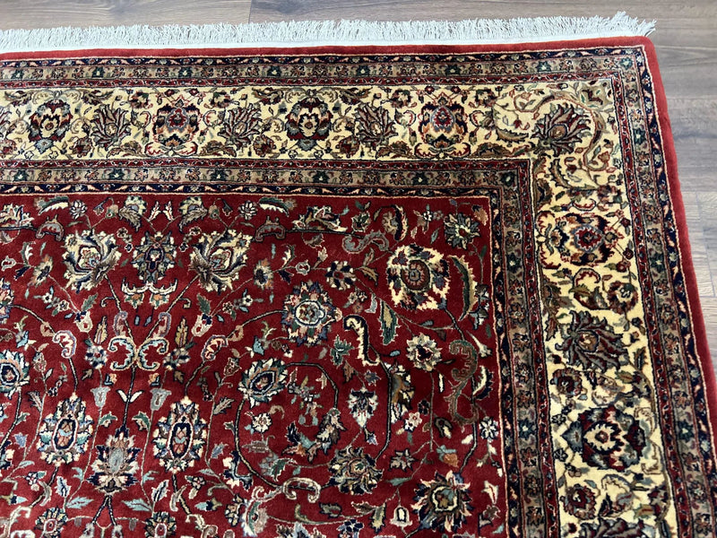 Vintage Indo Persian Rug 6x9, Very Finely Hand-Knotted Carpet 6 x 9 Red Cream Indian Oriental Carpet, Traditional Floral Wool Area Rug 1970s by Jewel Rugs