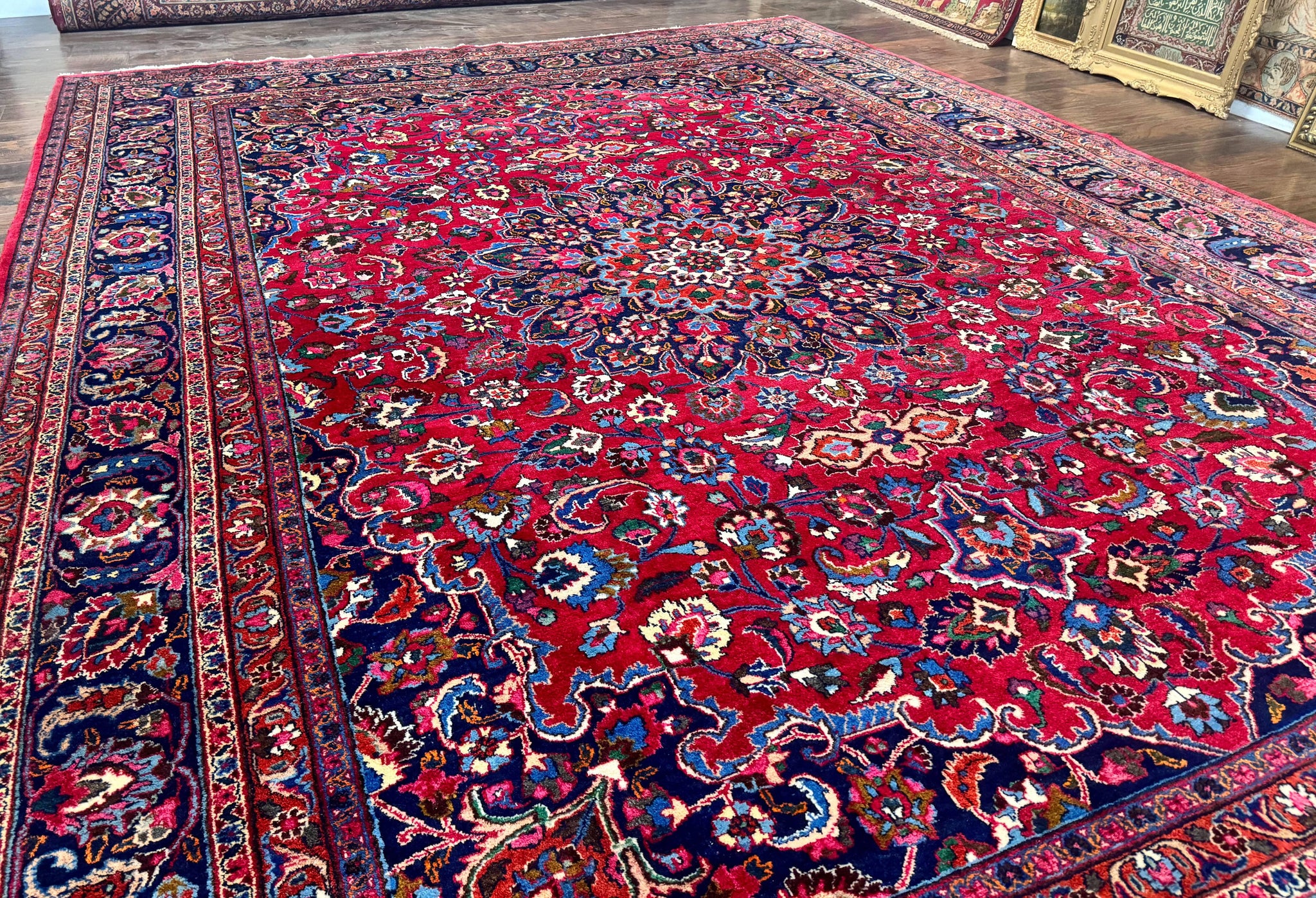 Antique Persian Mashad Rug 10x13, Red and Navy Blue, Great Colors, Signed By Masterweaver, Floral Medallion, Handmade Wool Persian Carpet by Jewel Rugs