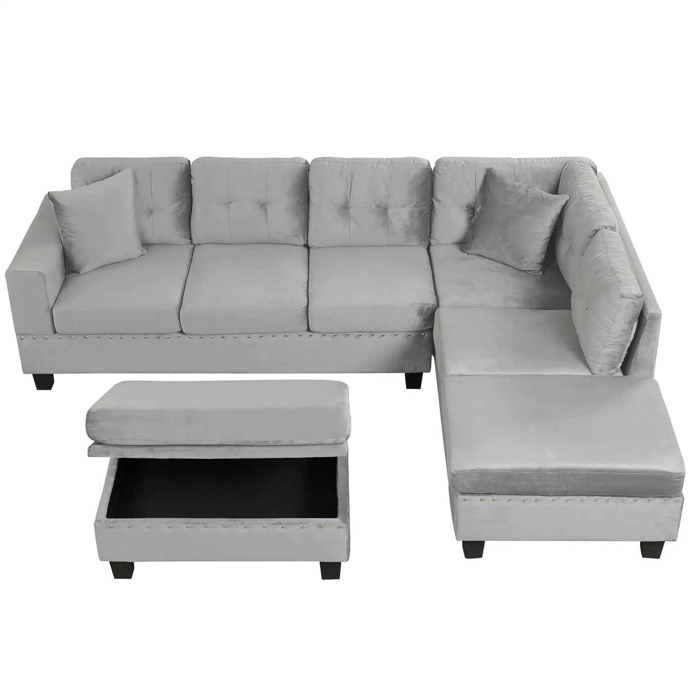 Modern Sectional Sofa With Storage Ottoman, L - Shape Couch With 2 Pillows And Cup Holders by HouseOfZazla