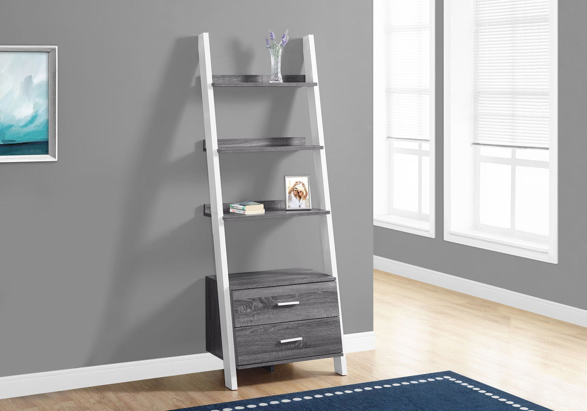 Contemporary Corner Ladder Bookshelf with Drawer Storage - Dark Brown or Gray, photo 4 of 8