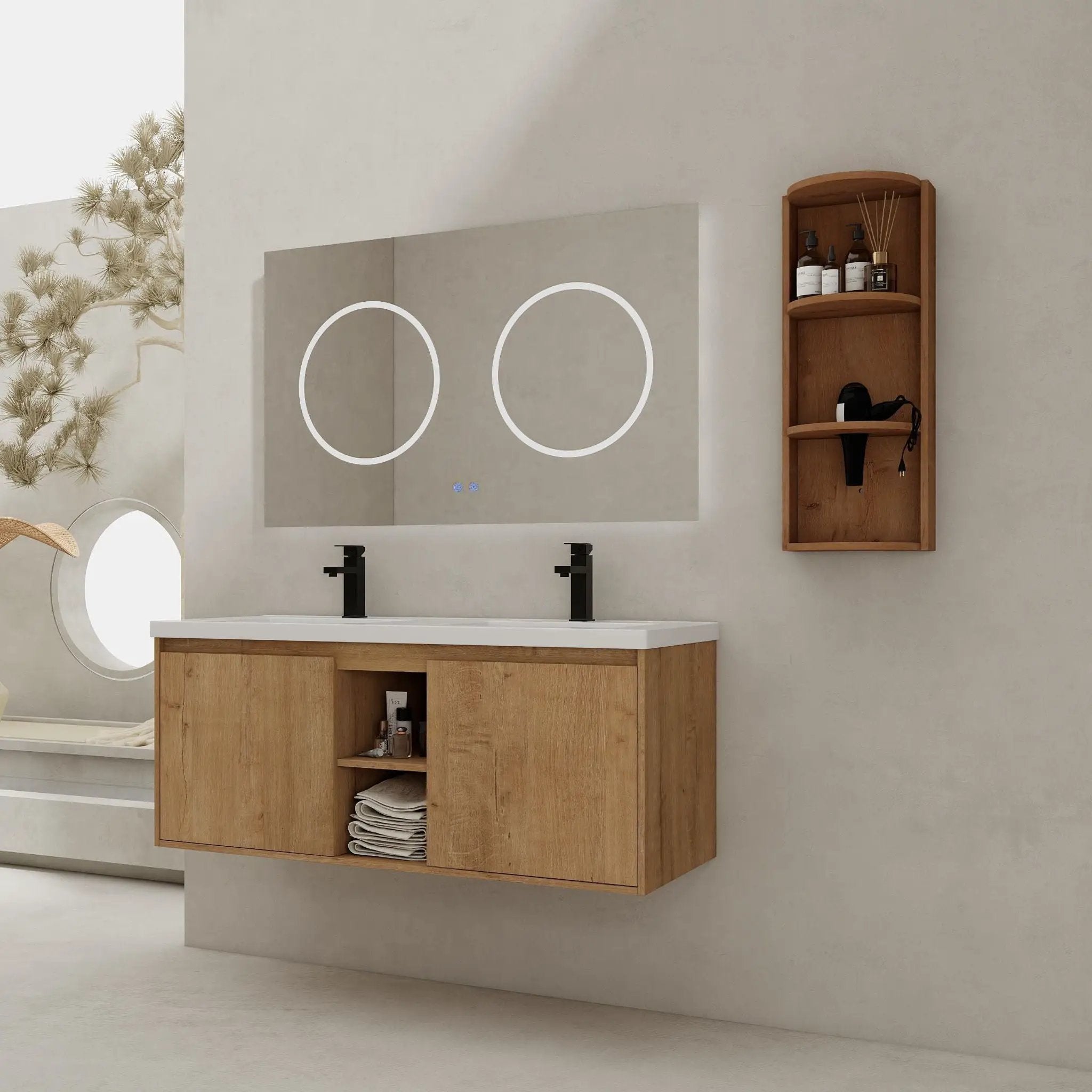 48" Wall Mounted Bathroom Vanity With Double Resin Sink And Storage Rack Soft Close Doors Plywood Construction - Imitative Oak by HouseOfZazla