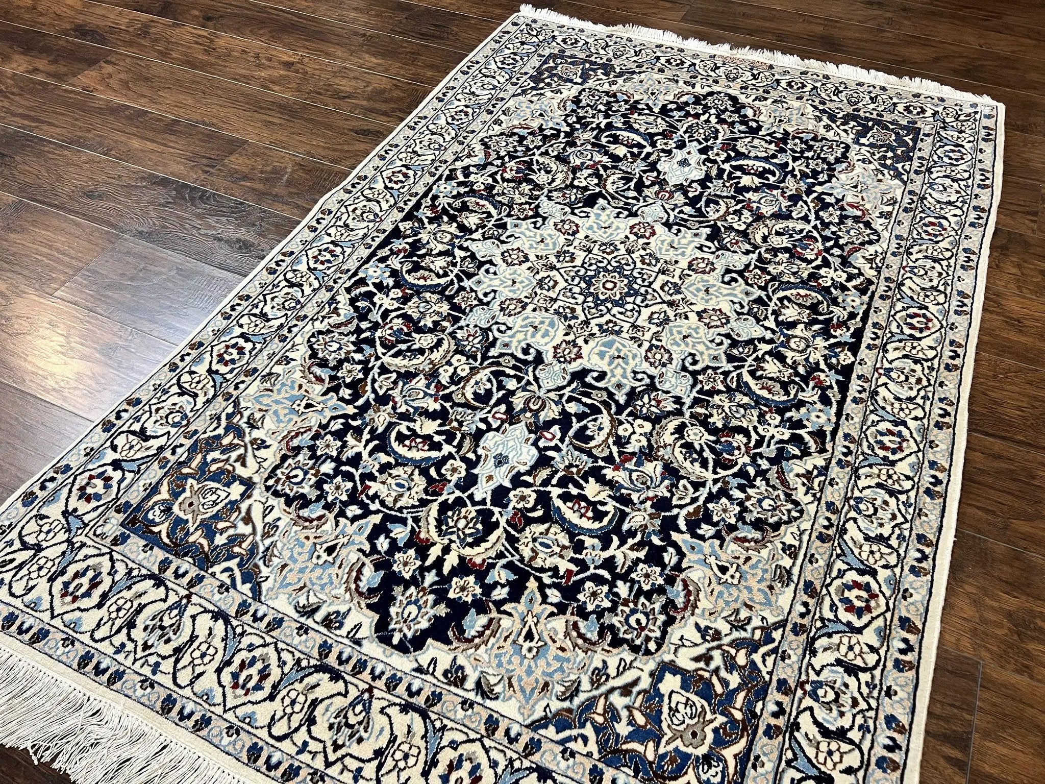 Persian Nain Rug 4x6, Floral, Hand Knotted Vintage Wool & Silk Highlights, Signature from Masterweaver, Navy Blue and Ivory by Jewel Rugs