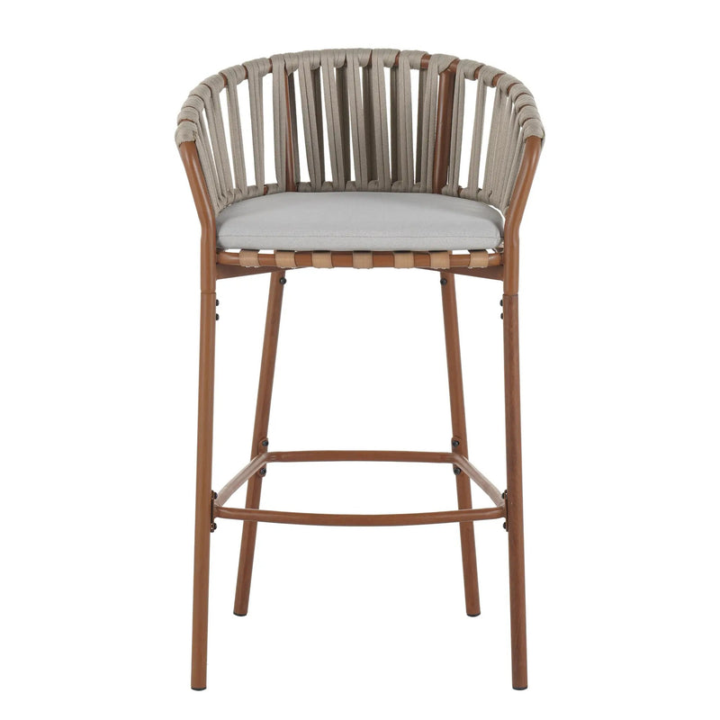 Lodi Outdoor Metal Rope Barstool, Teak Finished Frame and Beige Cushion, Set of 4 by HouseOfZazla