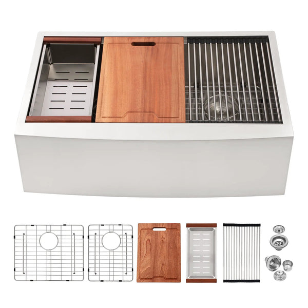Double Bowl Farmhouse Sink Workstation 33" Stainless Steel 16 Gauge Apron Front - Black / Gray