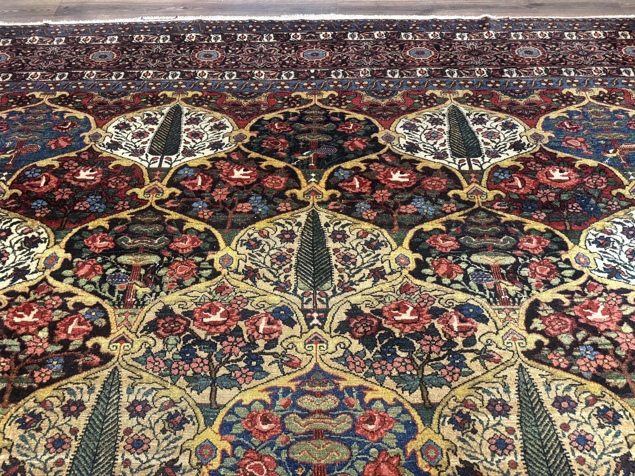 Antique Persian Bakhtiari Rug 12x19, Palace Size Wool Handmade Persian Carpet, Oversized Rug, Panel Design, Peacocks, Multicolor, Rare by Jewel Rugs