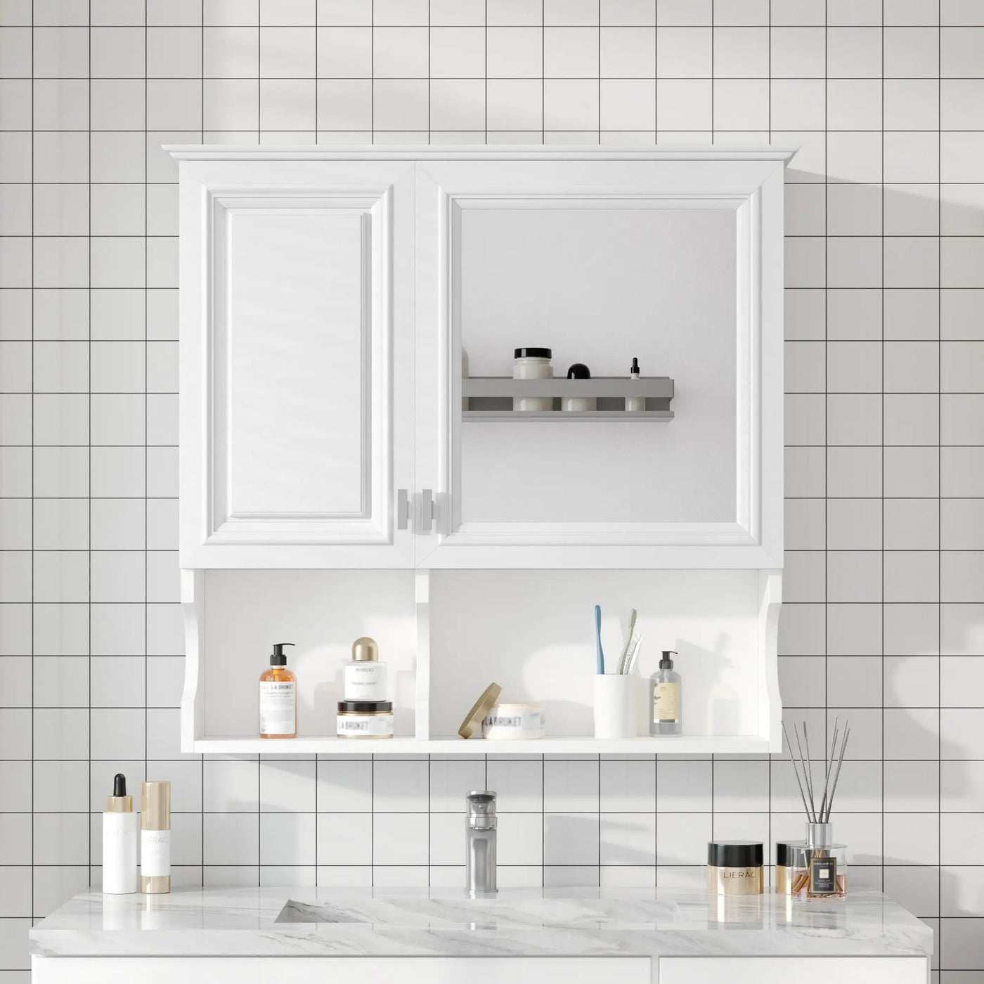 Wall Mounted Mirror Medicine Cabinet, Bathroom Storage With Doors And Open Shelves by HouseOfZazla