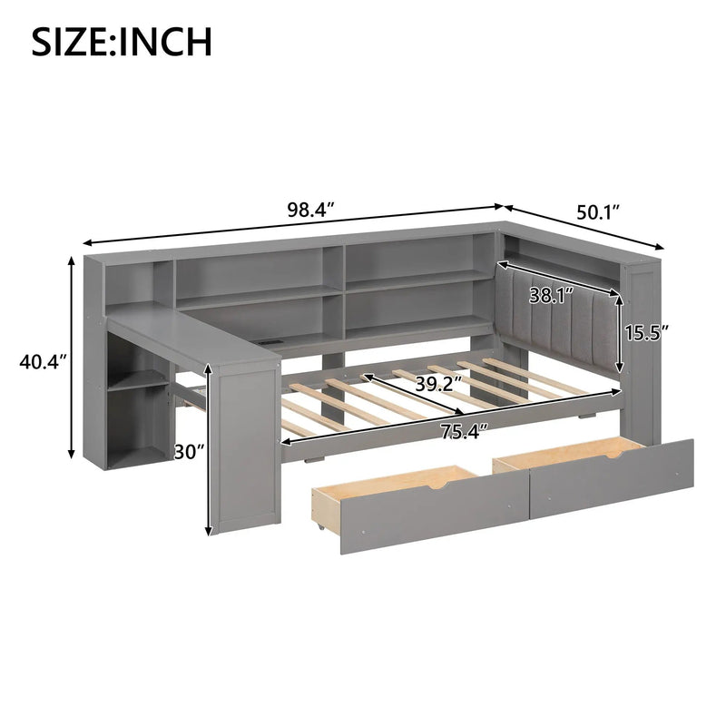 Platform Bed With Upholstered Headboard, Storage Shelves, Drawers, Charging Station, LED Lighting, Built In Desk by Unique Piece Furniture