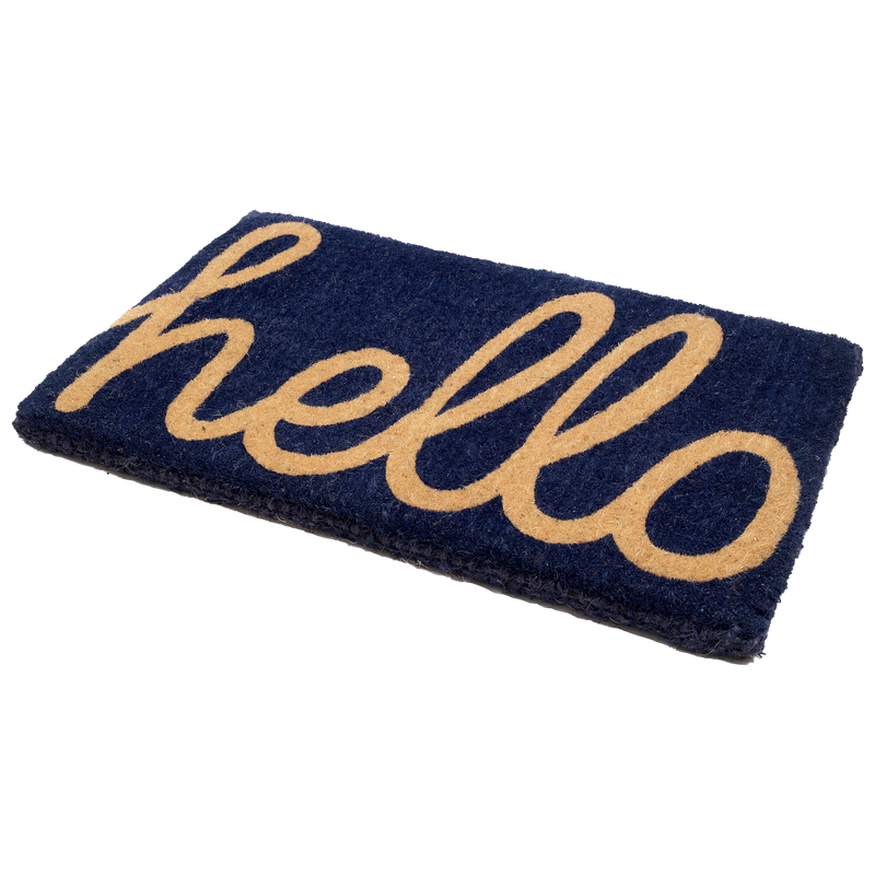 Cursive Hello Doormat Handwoven, Durable - Dark Blue by Fab Habitat