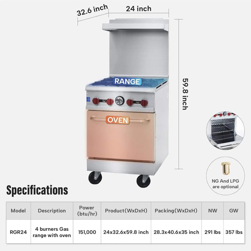 24-Inch Commercial 151K BTU 4-Burner Stainless Steel Freestanding Gas Range (SAK70931) by SAKSBY WHOLESALE