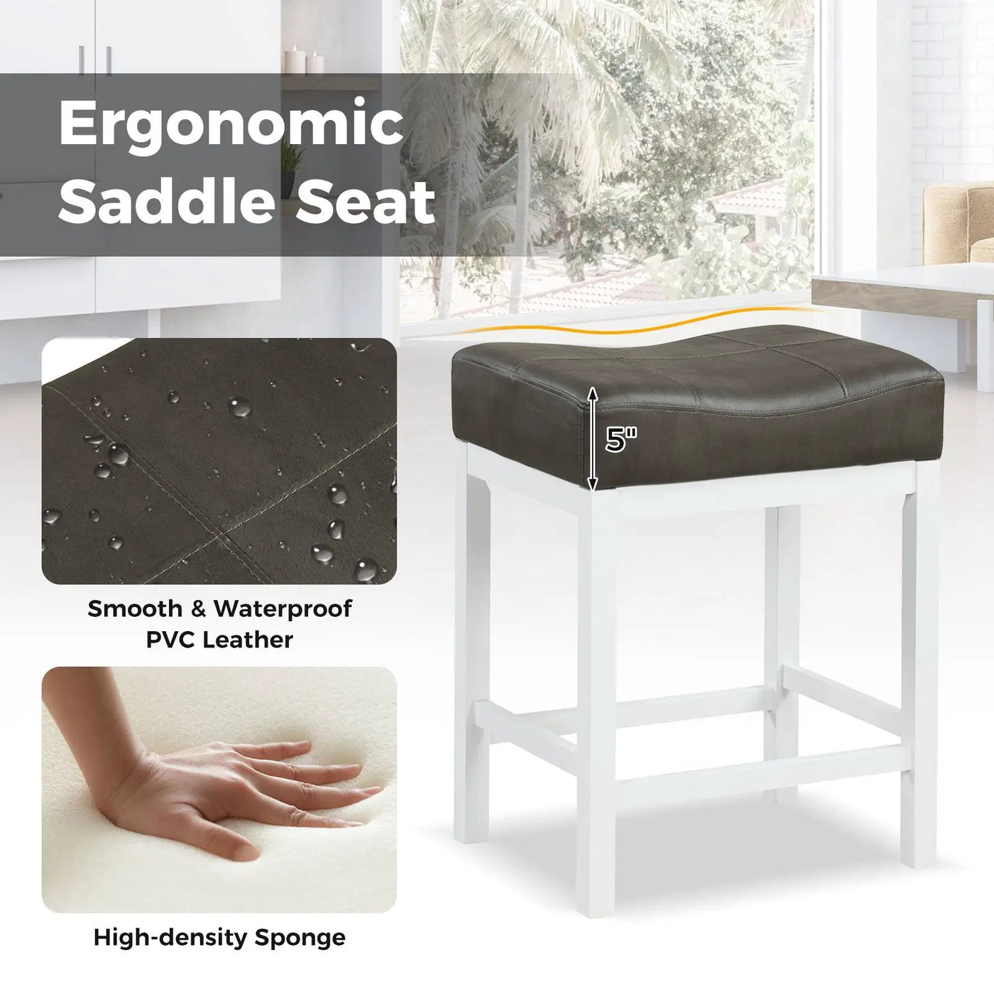 24.5 Inches Linen Fabric Saddle Stools Set of 2 with Cushioned Seat by DirectDeals