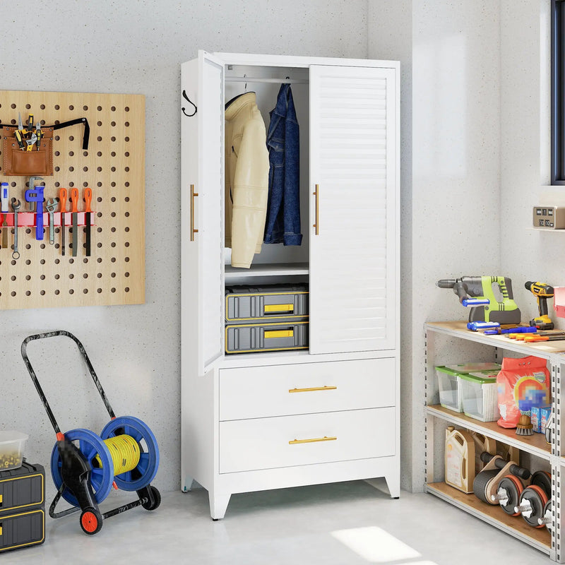 White Metal Wardrobe Closet with 2 Doors and Drawers by HouseOfZazla