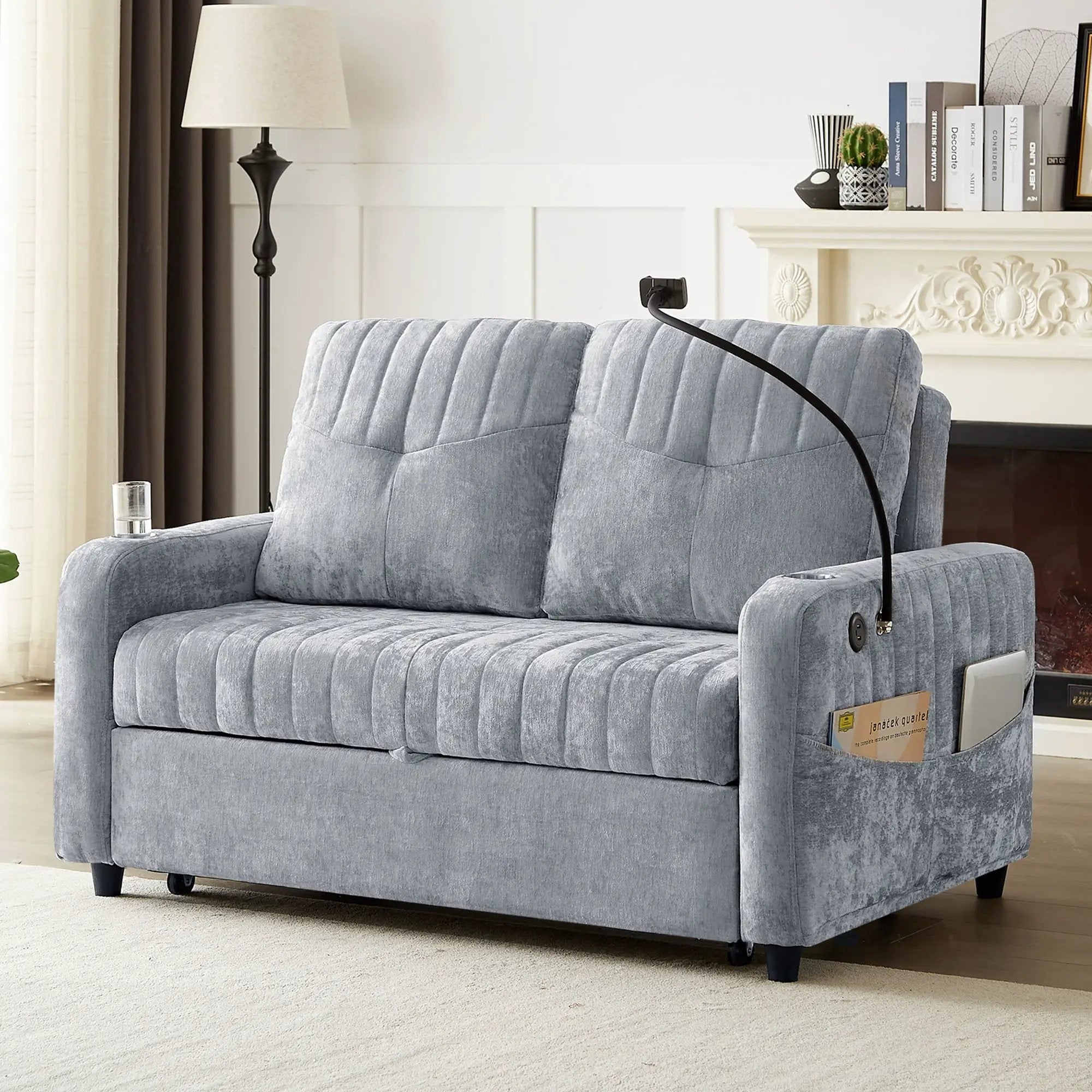 Modern Loveseat Pull Out Sofa Bed With Adjustable Backrest, Two Cup Holders, A Phone Holder, Three Charging Ports And Side Storage Pockets For Living Room by HouseOfZazla