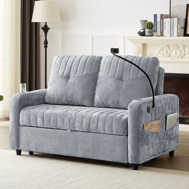 Modern Loveseat Pull Out Sofa Bed With Adjustable Backrest, Two Cup Holders, A Phone Holder, Three Charging Ports And Side Storage Pockets For Living Room by HouseOfZazla