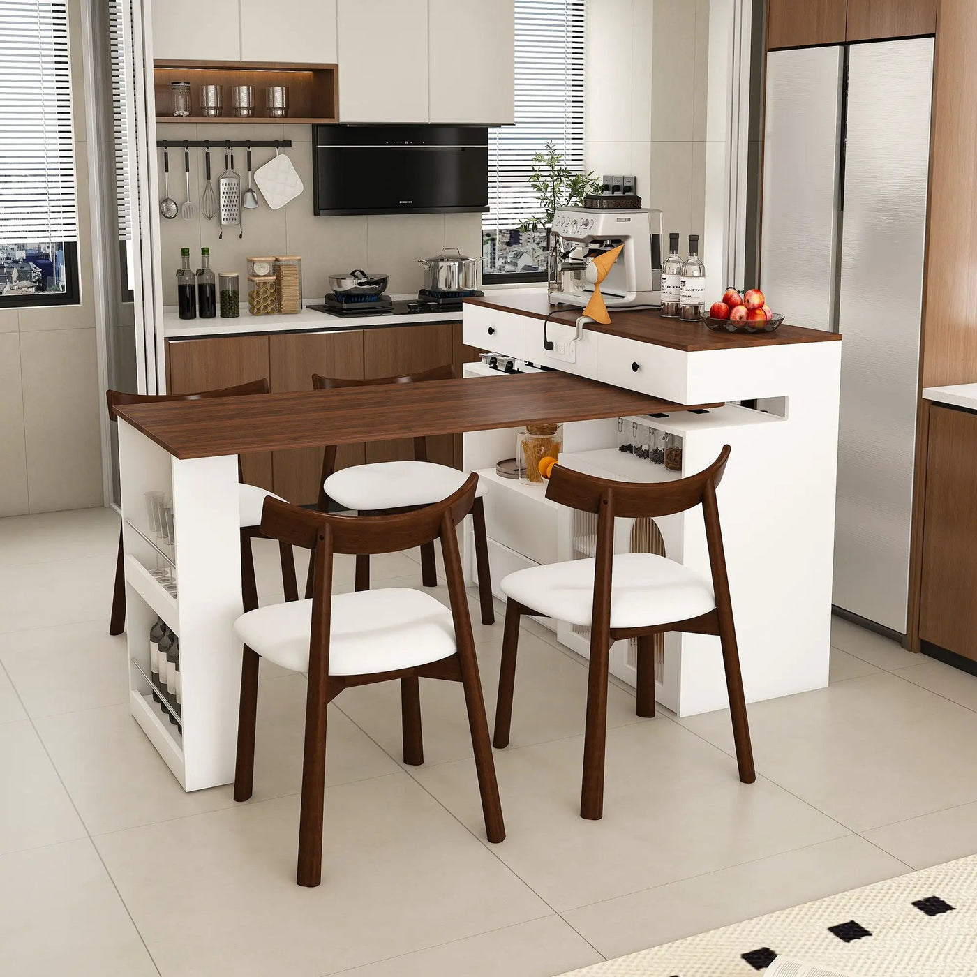 Retro Kitchen Island Set With Chairs, Extendable & Rotating Table, 4 Drawers & Door Cabinets by Unique Piece Furniture